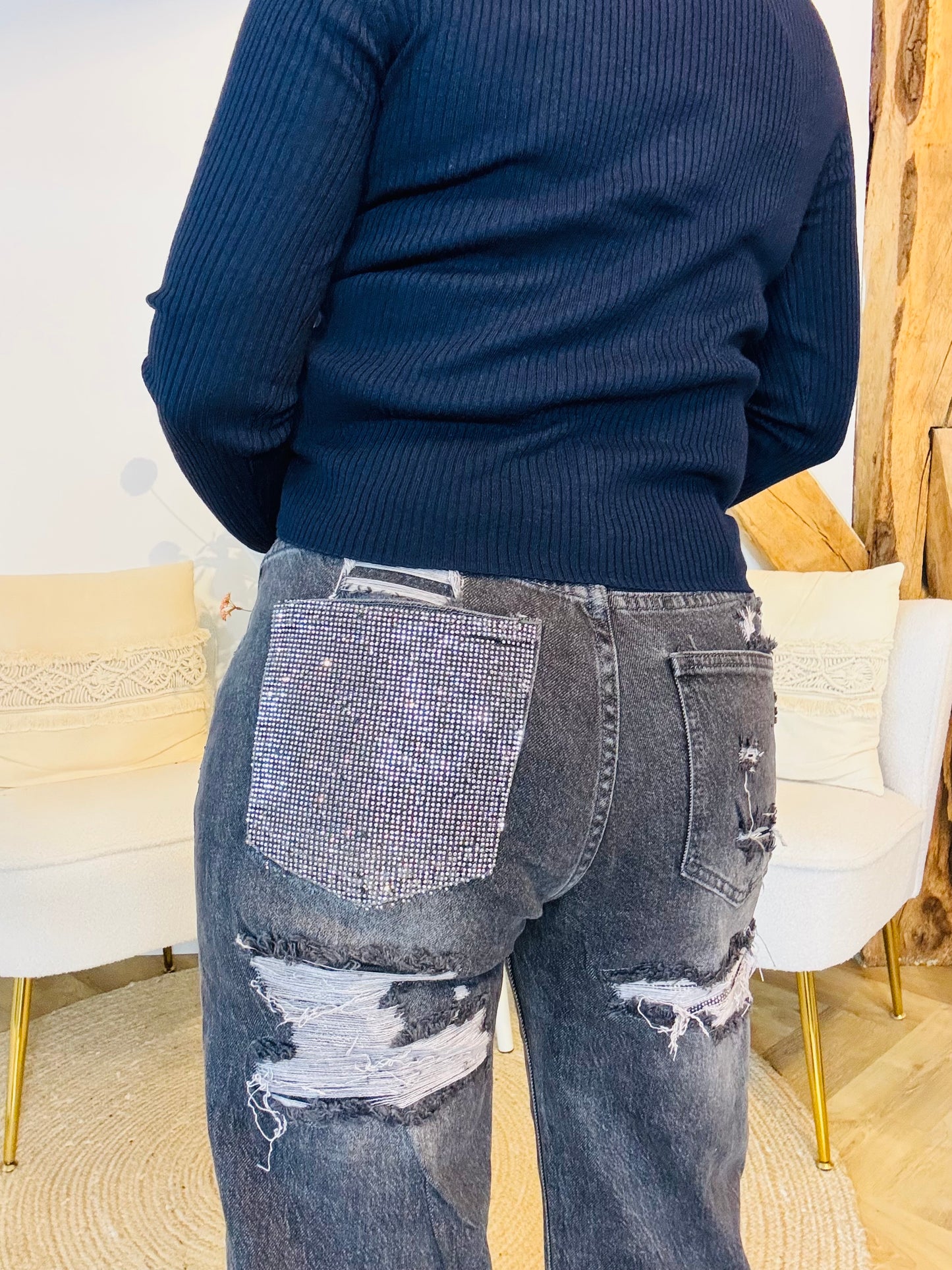 Black strass wide leg jeans