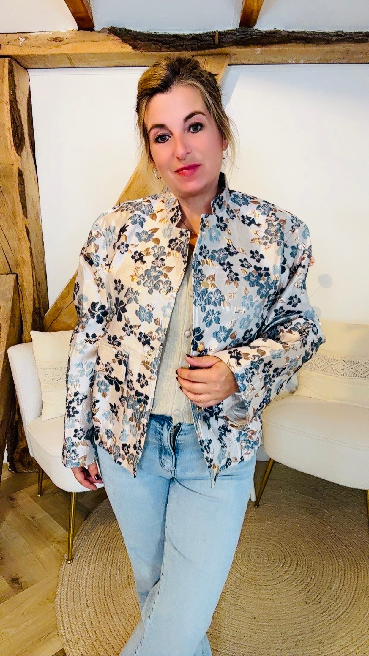 Blue flower jacquard bomber jas