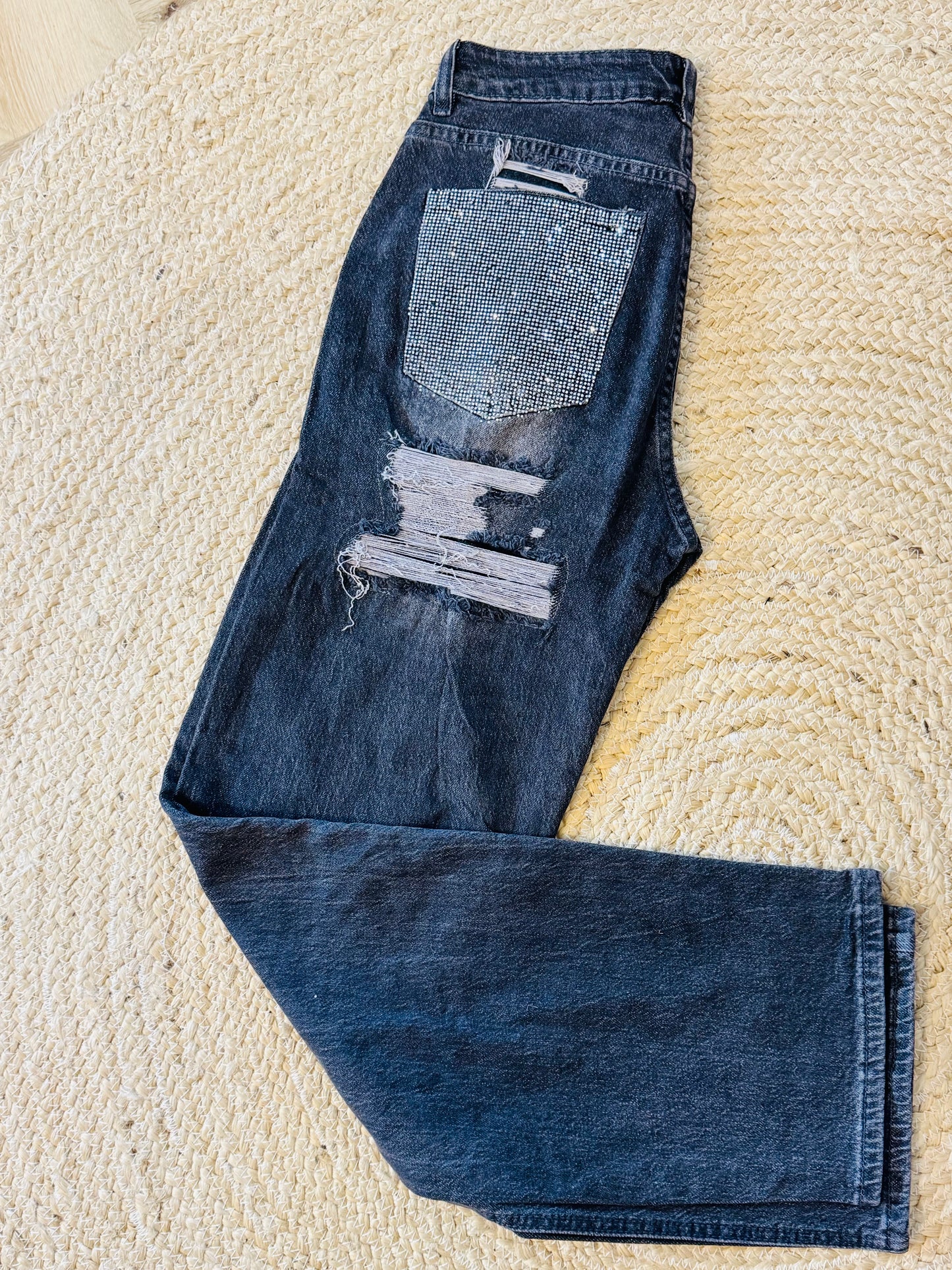 Black strass wide leg jeans