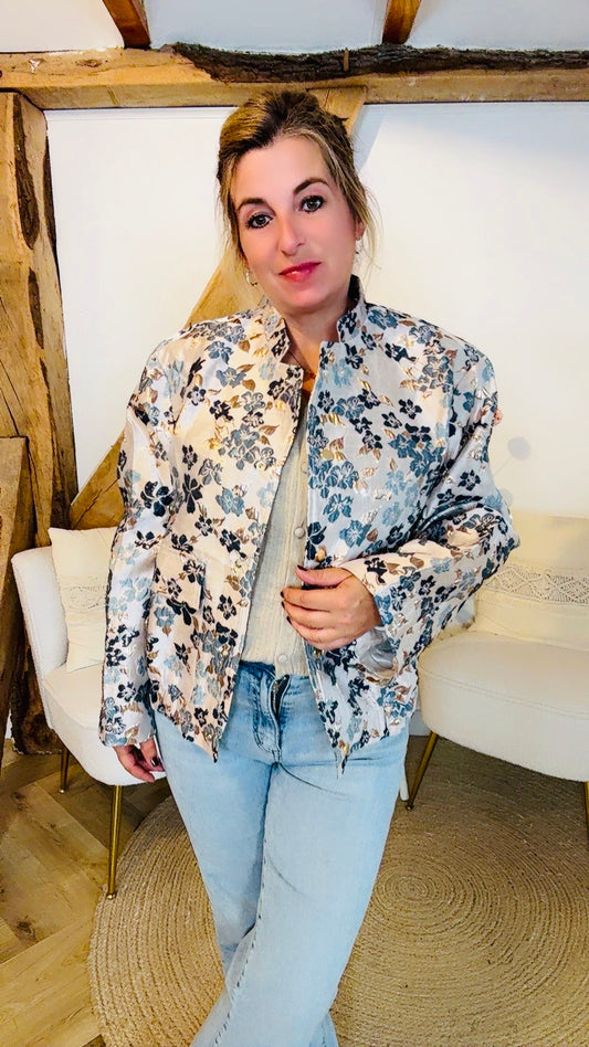 Blue flower jacquard bomber jas