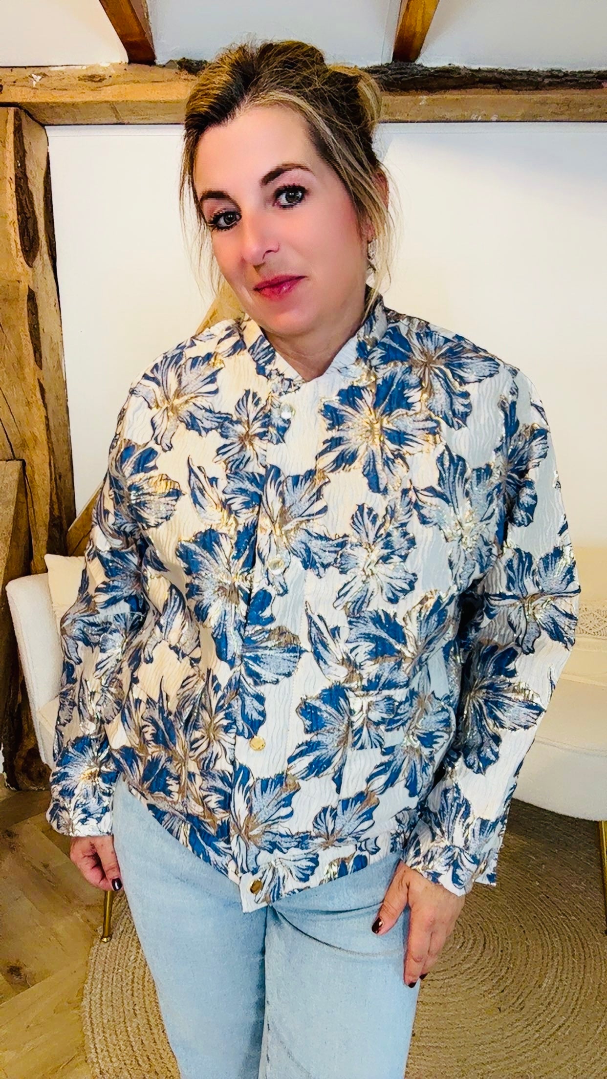 Blue flower jacquard bomber jas