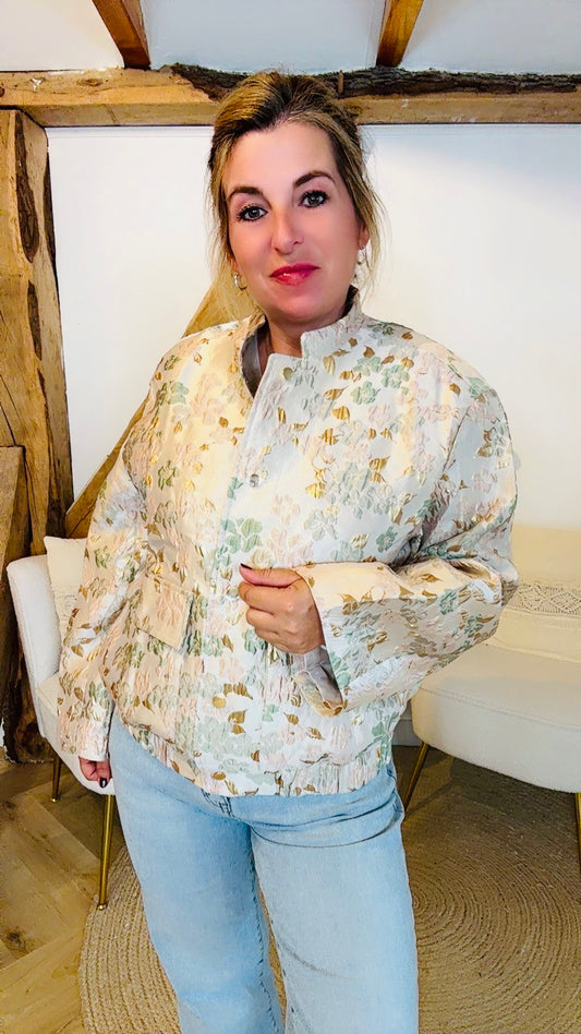 Pastel flower jacquard bomber jas